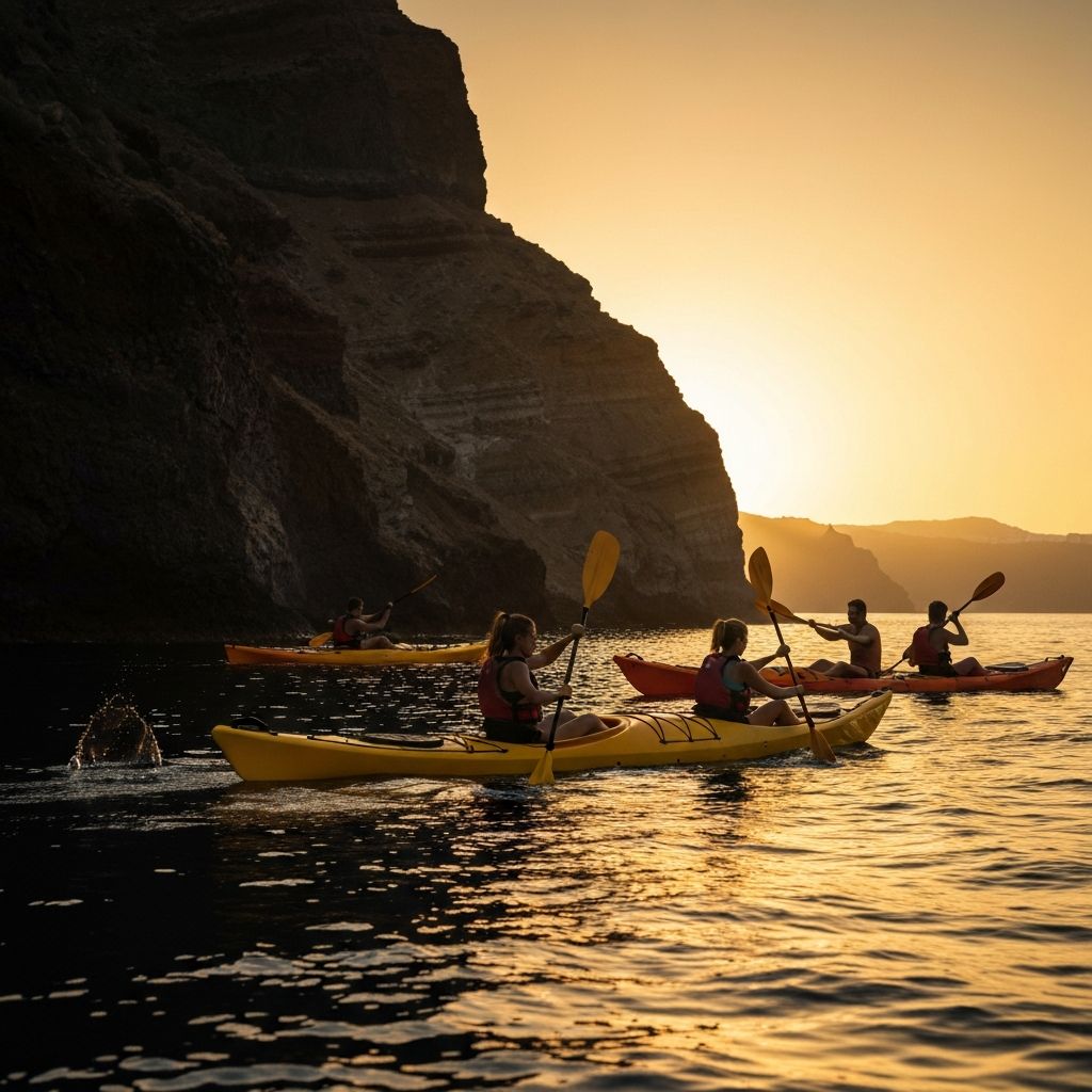 Kayak mer lever du soleil Santorin falaises caldera