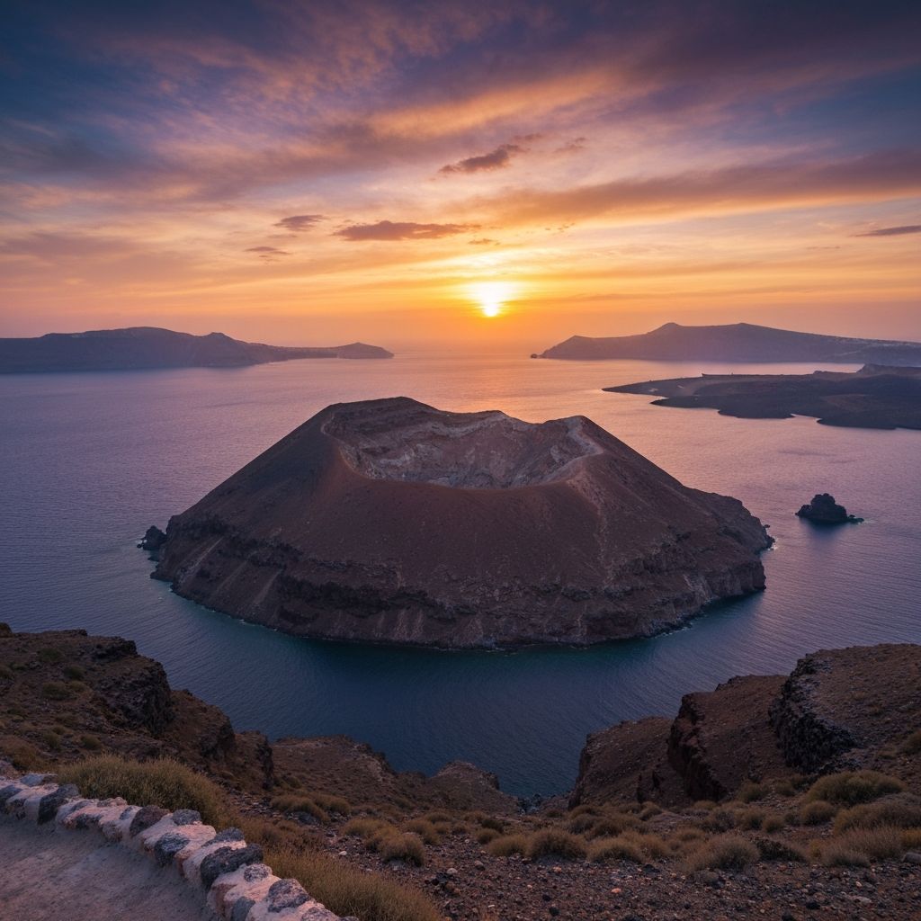 Randonnée volcan Nea Kameni Santorin cratère coucher soleil