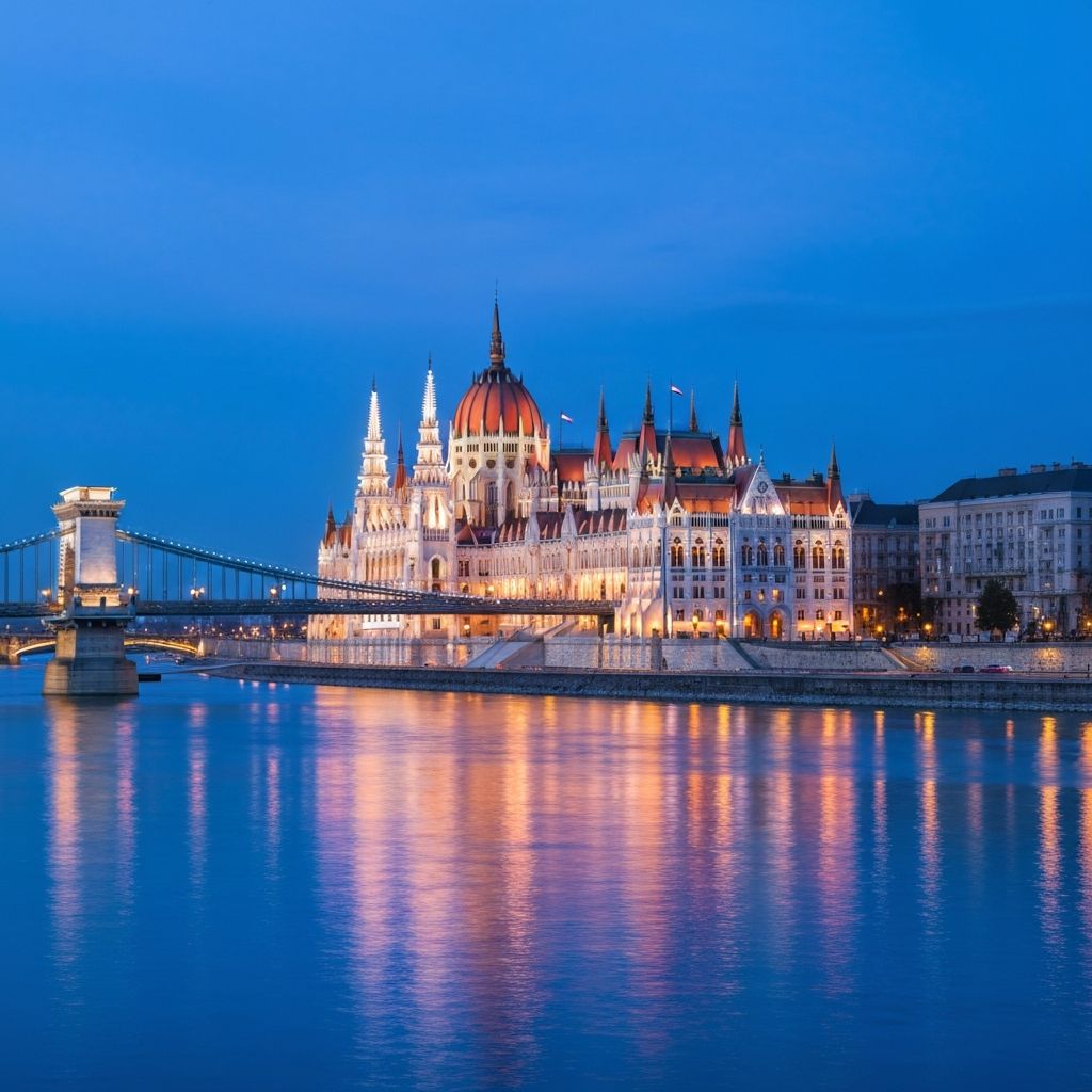 Vue panoramique de Budapest avec le Parlement illuminé au bord du Danube